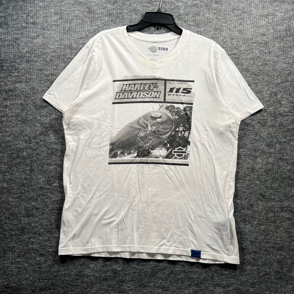 Harley-Davidson 115th Anniversary Mens White V-Neck Graphic T-Shirt XL 5589